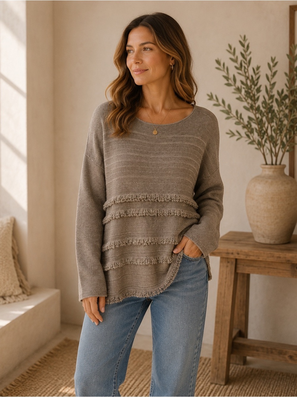 J. Jill Brown Wool Boat Neck Long Sleeve Fringe Oversized Sweater Women Sz Large